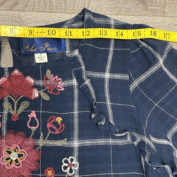 Blue Rain Navy Windowpane Embroidered Floral Long Sleeve Blouse S - Picture 6 of 16